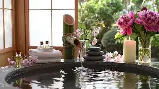 Tranquil Zen Nature Balance Bamboo Water Flow and Candle Glow with Earth and Air for Relaxation & Ha