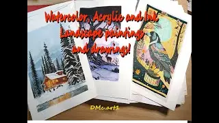 Watercolor, Alcohol markers, Acrylic, and Ink Landscape and Silhouette paintings flip through