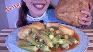 ASMR eating: Okra with Chicken & Potatoes in Sour Tomato Sauce (WHISPERING GREEK)