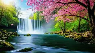 Morning Serenity | Sakura Blossoms, Flowing Waterfall & Peaceful River