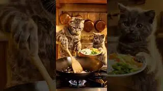 Adorable Scottish Fold Cats Cooking Stir Fried Vegetables | Mother & Kitten Cooking Together