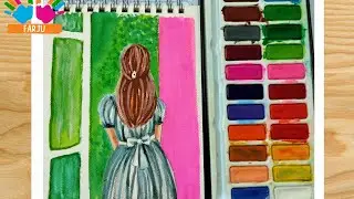 Одинокая девушка на балконе с красивым пейзажем || Простая живопись|| Академия рисования Фарджу