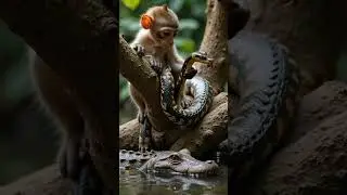 Trapped Baby Monkey&mdash;A Giant Snake in the Tree, a Crocodile Below!