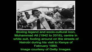 Collage V of American boxer Muhammad Ali in Kenya in February 1980