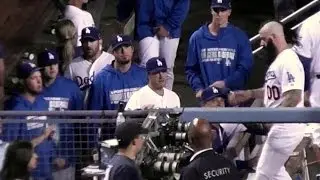 Brian Wilson Congratulated After Pitching Shutout 8th Inning in Dodger Playoff Win - NLCS vs Cards