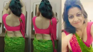 Green Printed Chiffon Saree with Hot Pink Stretch Blouse | Elegant Back Pose Saree Draping Style 