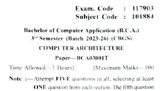 Gndu BCA 3rd Semester Computer Architecture Question Paper | Computer Architecture Paper 2024