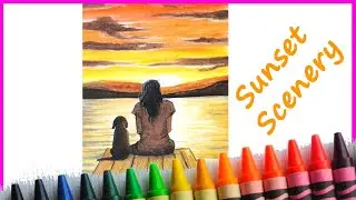 Easy way to draw a girl and dog Sunset Scenery with oil pastel colour for beginners