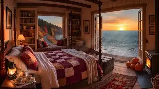 Cozy Cottage Bedroom in Autumn | Ocean Sunset Ambience | Relaxing Coastal Waves & Fireplace Sounds