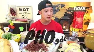 [мукбанг с тьеном]: курица (га) фо, вьетнамский сэндвич с жареной свининой (бань ми) и салат из п...