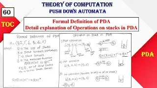 Formal Definition of PDA and Operations on stack in PDA# PDA 2# Theory of Computation |TOC | Lect 60