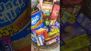 Gift hamper #chips #chocolate #drink #biscuit #chupachup #smoodh #mentos #nutties #satisfying #food