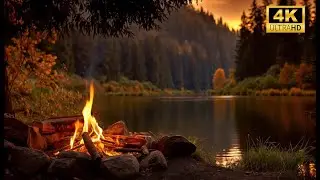 4K - 8k Ultra Cozy Fireplace Campfire at Sunset 🍁🔥 Gentle Lake Sounds & Autumn Evening Ambience