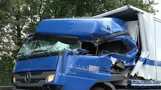 Einsatzkurzbericht: Schwerer LKW-UNFALL auf der A6 [40 TONNER SCHIEBT KLEIN-LKW AUF AUFLIEGER] - [E]