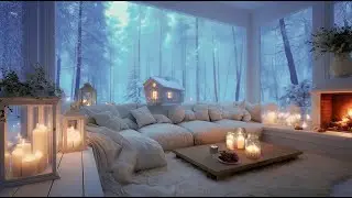 Snowy Forest Night Piano | Cozy Winter Fireplace Ambience | Sleep, Relax & Focus