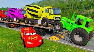 TRANSPORTING PIXAR CARS & FRUITS WITH COLORED & JOHN DEERE vs CLAAS vs TRACTORS - BeamNG.drive #25