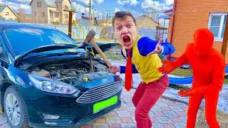 Red Man and Mr. Joe repairs broken hood and Engine Ford Focus in Car Service 13+