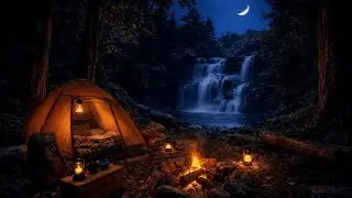 Night Forest Camping Sounds 🌲🔥 Waterfall & Fireplace Ambience for Deep Relaxation