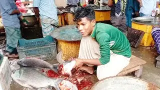 Rui fish cutting method at the historic Raipura fish market Domestic and foreign fish Pangas fish.