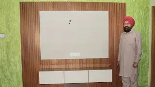 LCD Screen Panel unit Design||wooden Louvre and cream laminate combination||