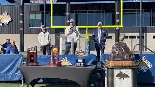 Taco Dowler, Kenneth Eiden IV, Justin Lamson at Montana State's 2025 FCS championship celebration
