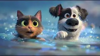 A Dog Teaching a Cat How to Swim at the Beach #animals #animation #kids #toys #gaming