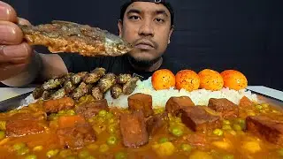 matar paneer curry, small fish fry and boiled egg with rice eating asmr | small fish fry eating