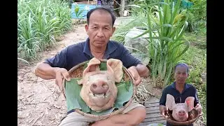 The Pig's Head is really good - delicious - Farmer and Cooking KH #Cambodia​ #Cook #Food