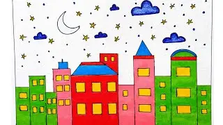 Easy City Night Drawing 🌙 | Step by Step Colourful Building Art for Beginners