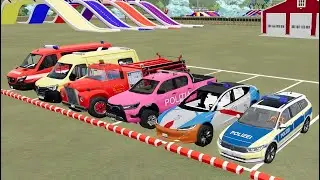 TRANSPORTING POLICE CARS, AMBULANCE, FIRE TRUCK, COLORFUL CARS WITH TRUCK, p426