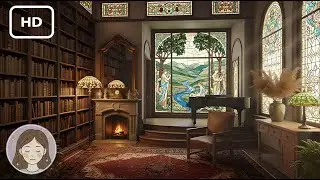 Relaxing Piano & Crackling Fireplace in a Sunlit Stained Glass Library 📖 🌼 1 Hour Ambiance