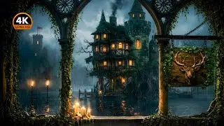 HUNTER'S LODGE RAIN 🌧️ | Medieval Inn Window Projector Ambience (Sleep, Study & D&D)