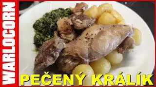 Pečený králík s brambory a smetanový špenát
