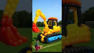 A giant balloon JCB crane stands on a football field, balloons fall away