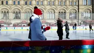 Moscow, Russia, GUM skating rink on red square. 02.15.2022. People skate at the ice rink in the open