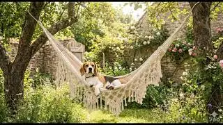 ハンモックで寝る犬。目が覚めて、騒いだので落ちました。