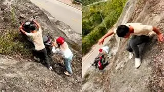 Amazing! A Woman Riding A Motorcycle Fell Off A Cliff, But A Brave Passerby Saved Her!#help #funny