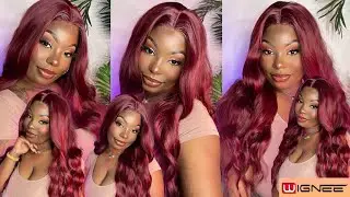 Burgundy Red Synthetic Middle Part wavy wig 26 Inches ft. wignee hair| MIONEKA G&hearts;️