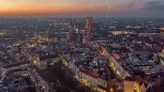 Beautiful Munich, Germany Establishing Shot Hyper Lapse above City Center with Frauenkirche