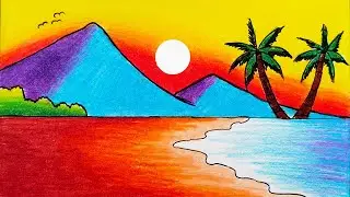 How to Draw Beautiful Sunset in the Beach || Easy Sunset Scenery Drawing For Beginners
