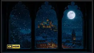 4K🌨️ Hogwarts Winter Window View ❄️🏰 Harry Potter Ambience, Snowfall & Wind Sounds for DEEP Sleep