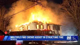 Two officers injured as crews battle three-alarm fire in Monson