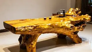Golden Phoebe Tea Table & Tea Stand ✨ Shimmering with Golden Luster, Root Carving