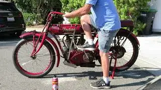 Starting a 1913 Indian Standard Twin Cylinder Motorcycle Cold Start