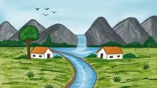 Beautiful Village Scenery Drawing/Easy Landscape Drawing with Mountains and River