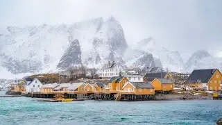 Aerial view of the village of Sakrisoy, Lofoten, Norway - DJI Mavic 2 Pro footage
