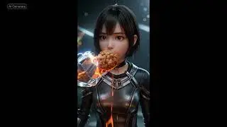 girl eats electric sparks and lava and fried chicken made of electric and crystals