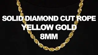 LoveBling Yellow Gold 8mm Solid Diamond Cut Rope Chain Necklace with Lobster Lock (16