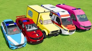 TRANSPORTING POLICE CARS, AMBULANCE, FIRE DEPARTMENT VEHICLES WITH TESLA ELECTRIC TRUCKS ! FS22