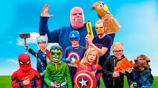 Avengers Hero Kids vs Thanos Nerf Battle - Kids Parody